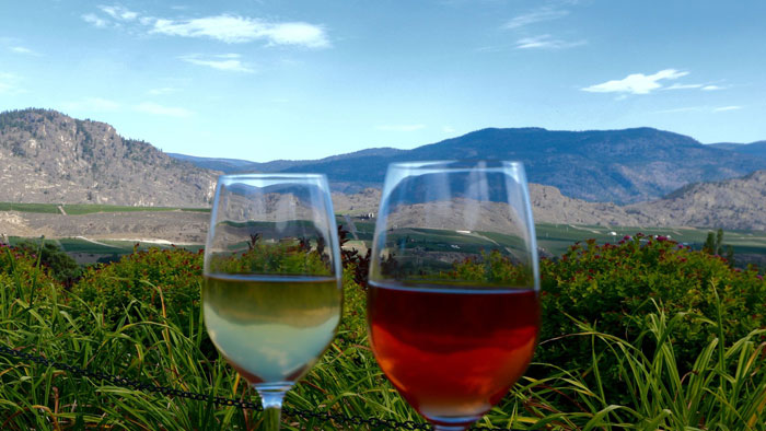 Red and white wine with Osoyoos vineyard and mountains in background